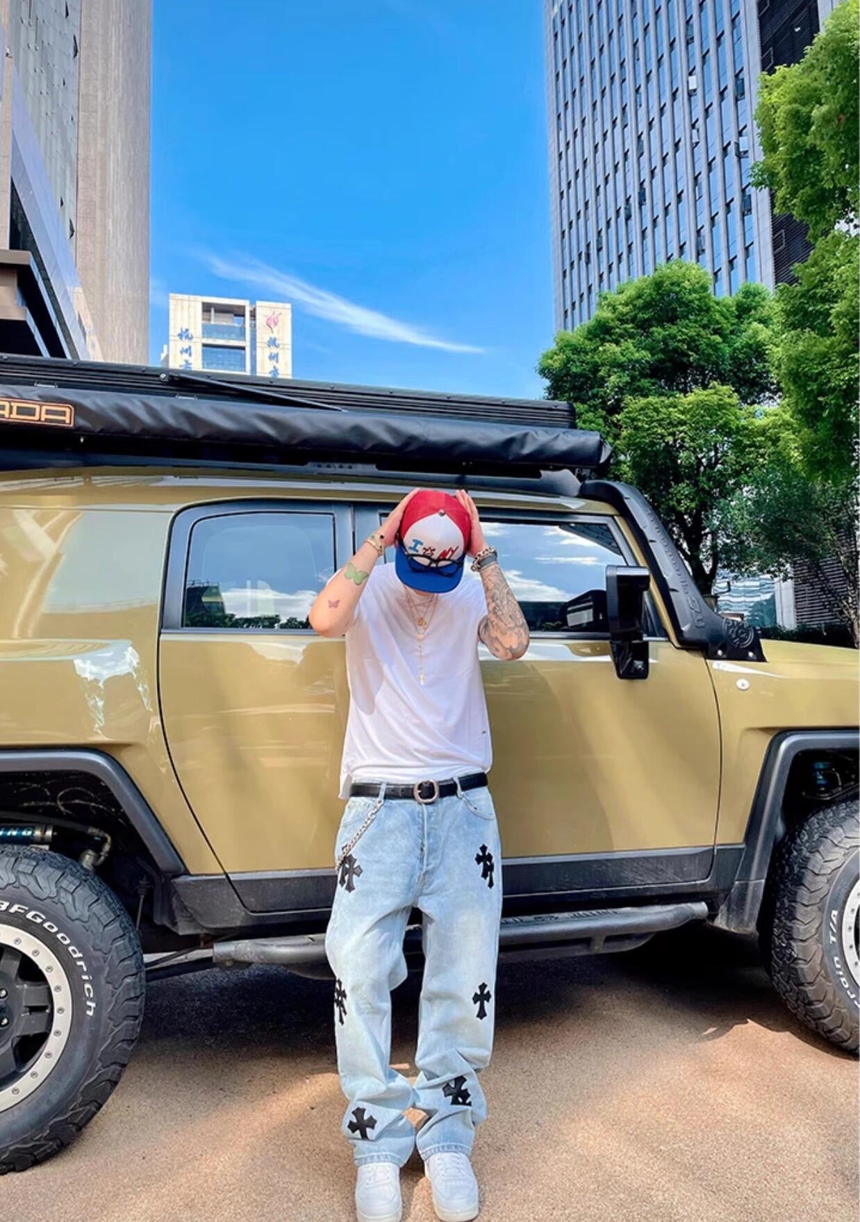 Chrome logo patch jeans