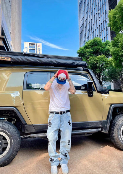 Chrome logo patch jeans